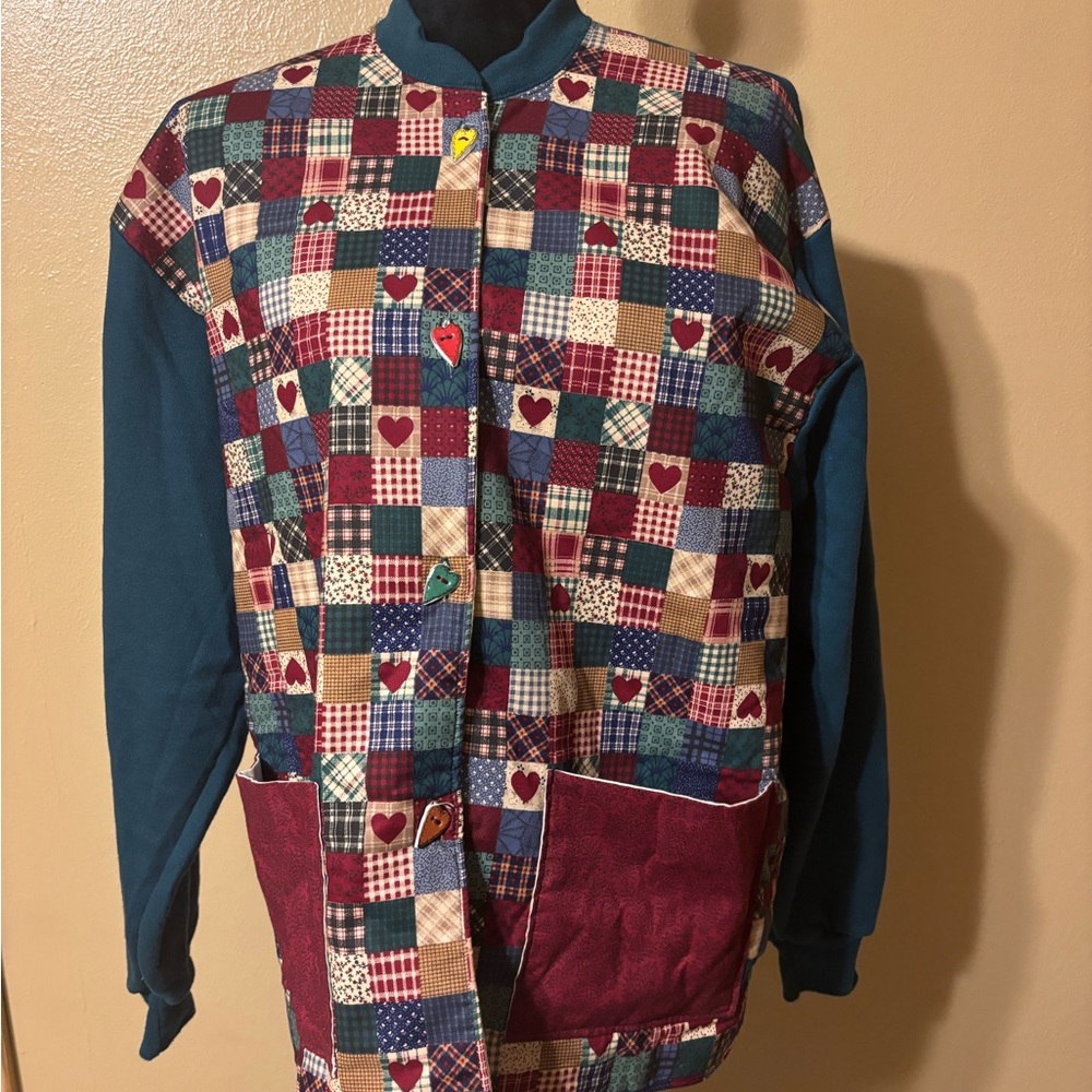 Vintage Jerzees Patchwork Patterned Button Up Swe… - image 1